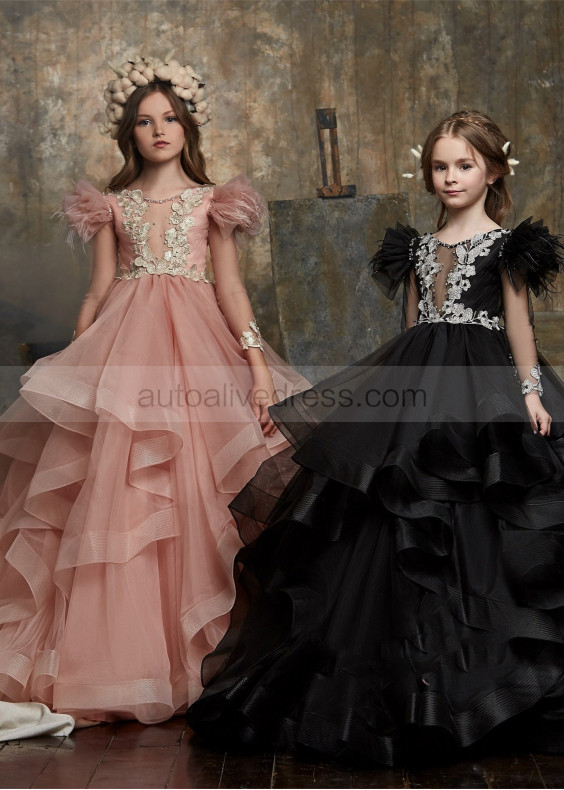 Feifei Sleeves Beaded Lace Tulle Waterfall Ruffle Flower Girl Dress